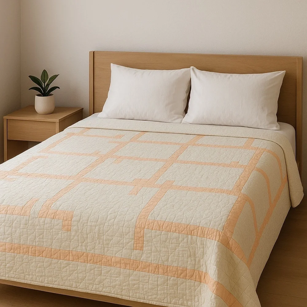 Vintage 1980s Handmade Quilt – 66” x 81” – Peach & Cream Geometric Design